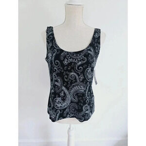 Alex Evenings NWT Black Blue Glitter Metallic Paisley Tank Top Large Petite LP